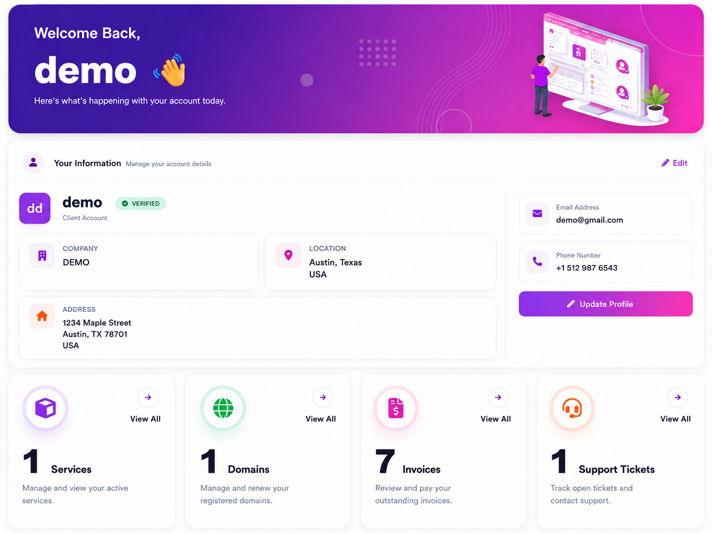 WHMCSHub client area dashboard preview